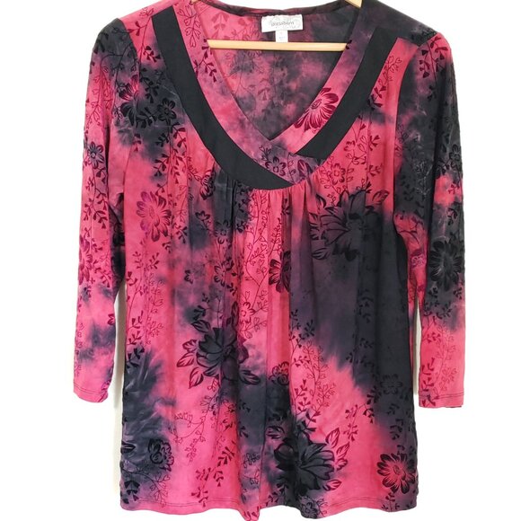 Dressbarn Semi Sheer V-Neck Top Dark Red Black Size L Y2K Dark Romantic - Picture 1 of 6